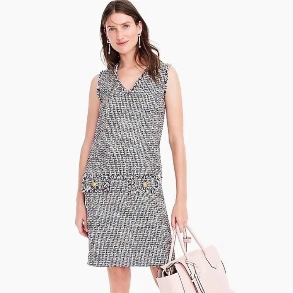 J crew Tweed Sleeveless v neck Dress Multicolor fringe Chanel style gold button
